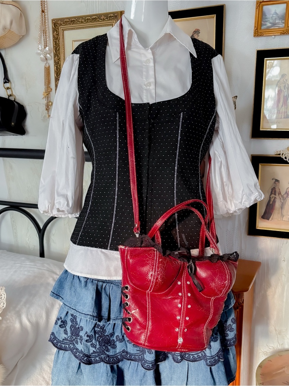 Red Leather Crossbody Tote Bag with Top Handles